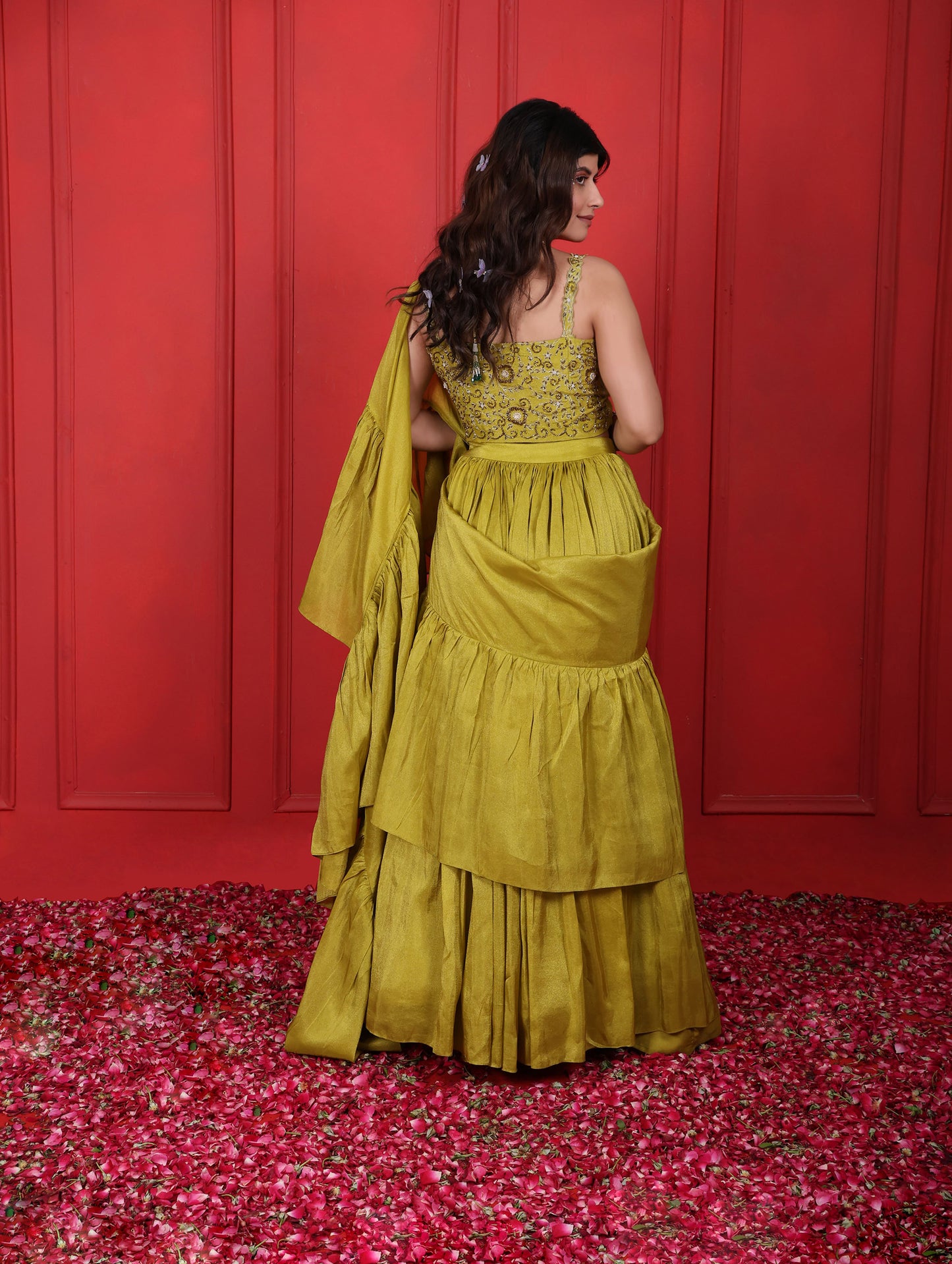 Green Lemon Ginger Hand Embroidered Blouse With Ruffle Palla Saree Set