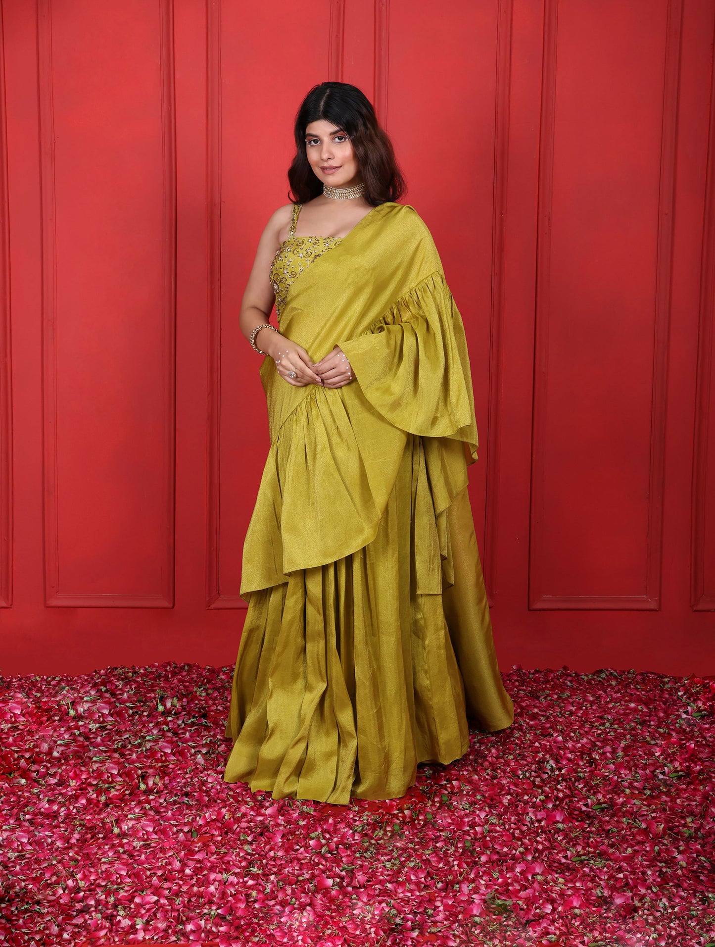 Green Lemon Ginger Hand Embroidered Blouse With Ruffle Palla Saree Set