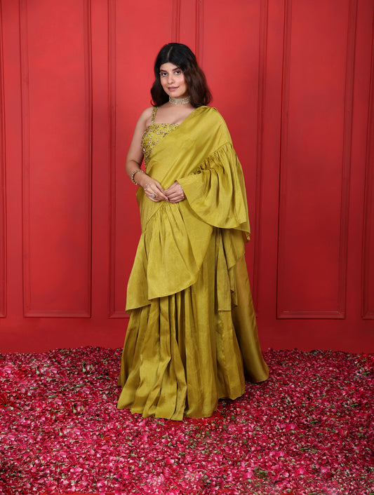 Green Lemon Ginger Hand Embroidered Blouse With Ruffle Palla Saree Set