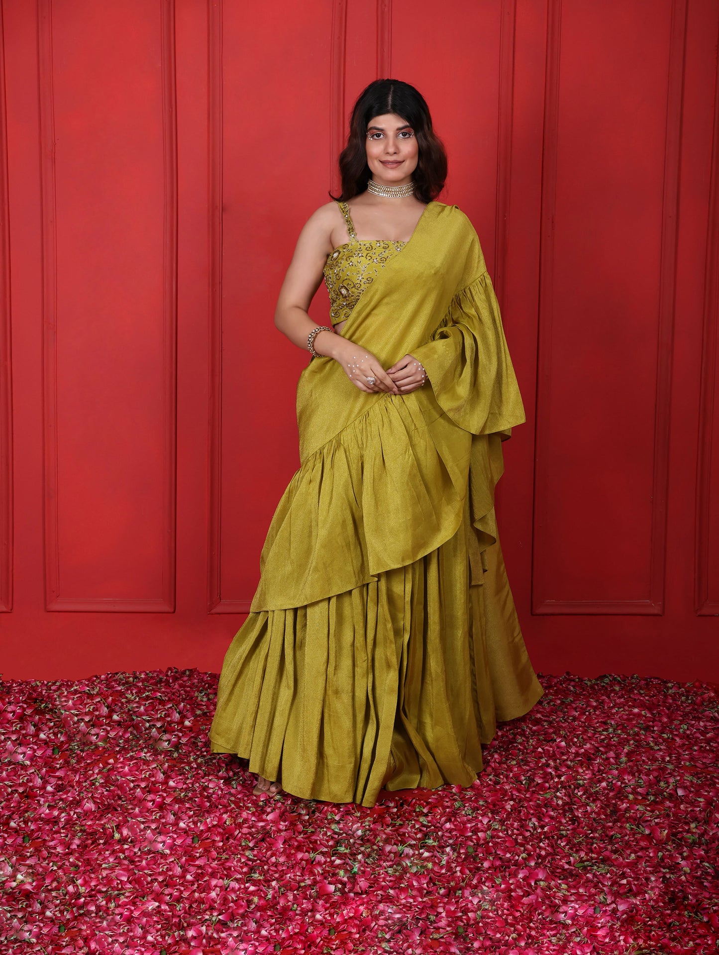 Green Lemon Ginger Hand Embroidered Blouse With Ruffle Palla Saree Set