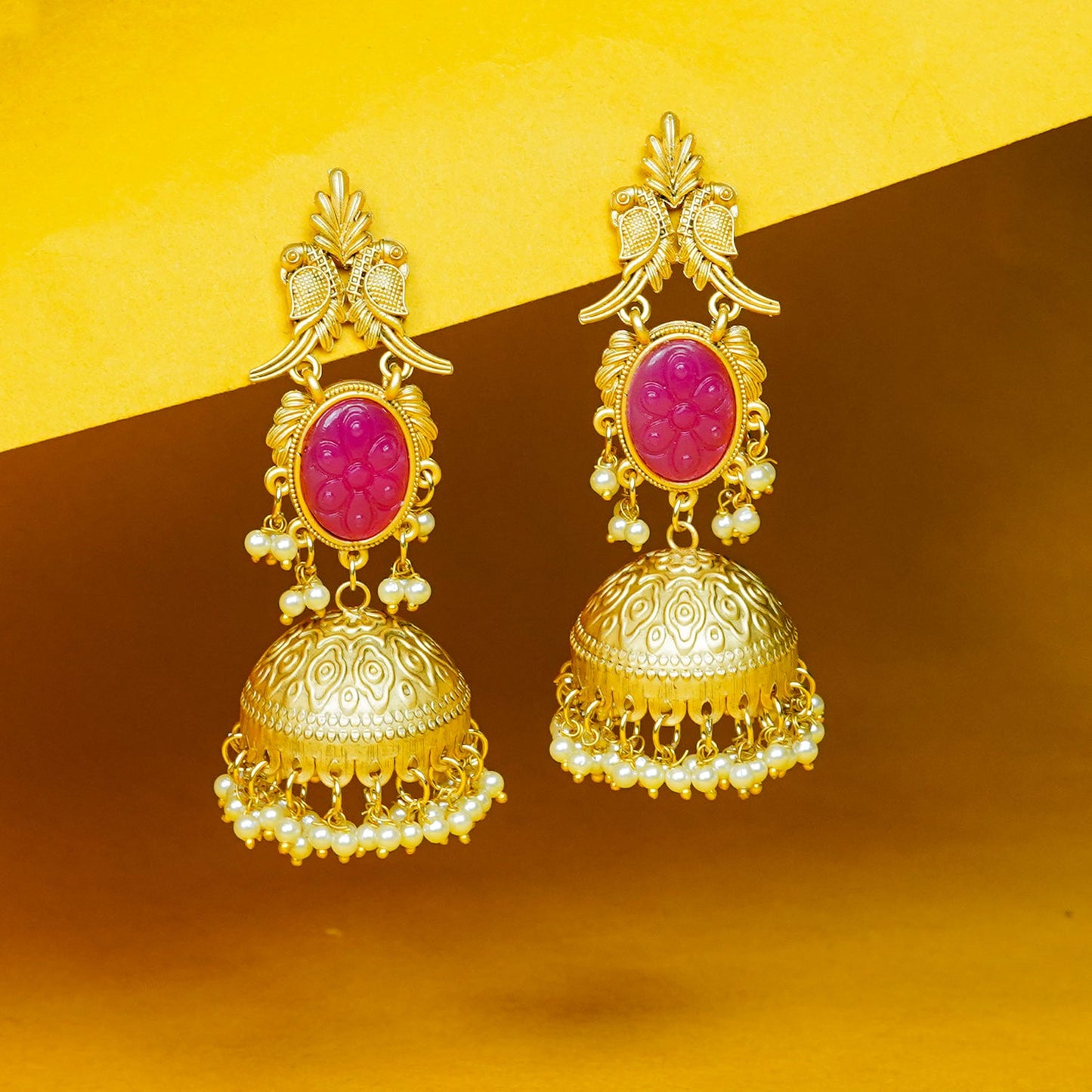 Zevar Club 22K Gold-Plated Ink Blue Carved Stone Jhumka Earrings with Birds & Pearls Drops
