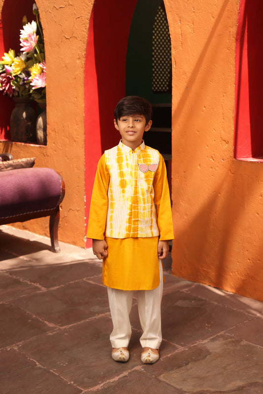 Yellow Tie and Die Nehru Jacket with Kurta and Pant