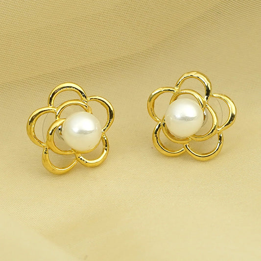 Zevar Club Gold Tone Glossy White Pearl Beaded Open Petal Floral Stud Earrings for Women