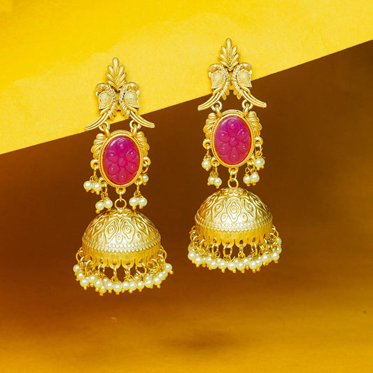 Zevar Club 22K Gold-Plated Pink Carved Stone Jhumka Earrings with Bird Motif & Pearls Drops