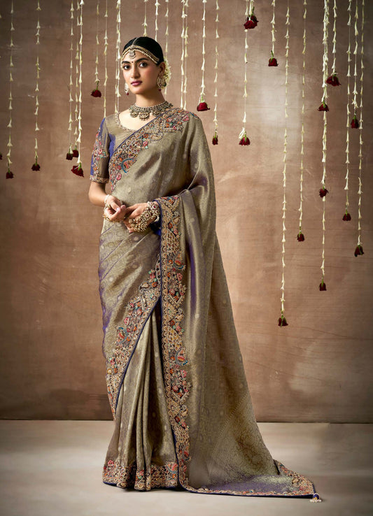 Greyish Brown Tissue Dola Silk Pearl & Mirror Embroidery Dulhan Saree