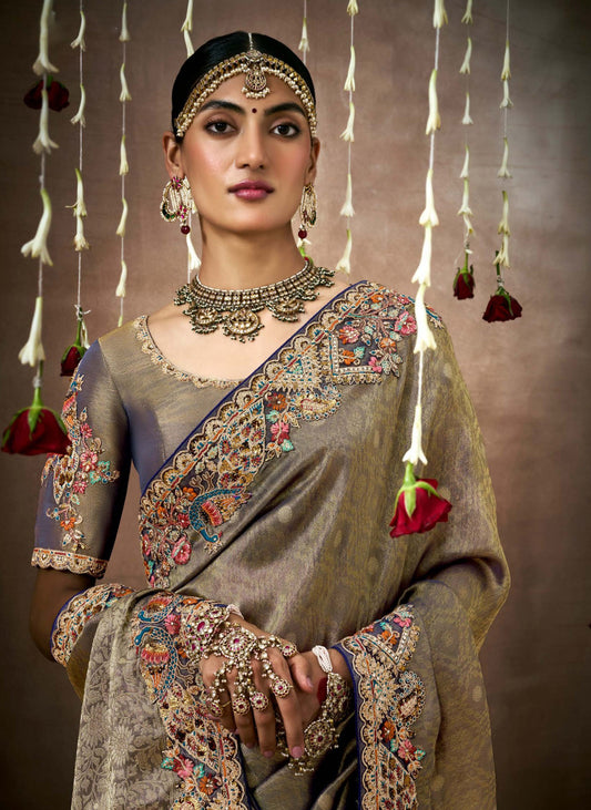 Greyish Brown Tissue Dola Silk Pearl & Mirror Embroidery Dulhan Saree