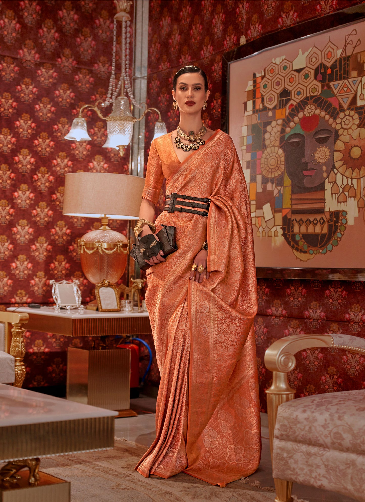 Orange Kabby Nylon Zari Silk Handloom Saree