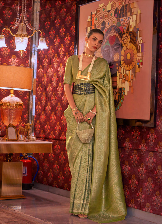 Sage Green Kabby Nylon Zari Silk Handloom Saree