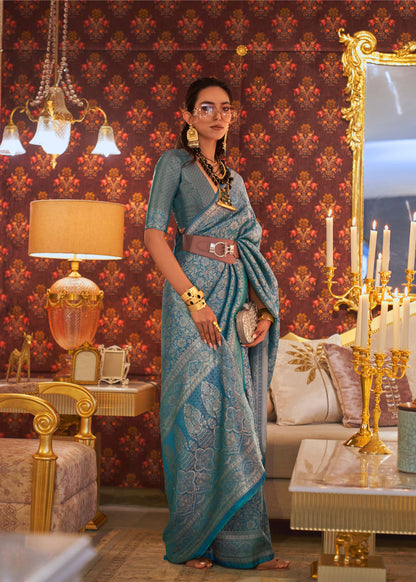 Teal Blue Kabby Nylon Zari Silk Handloom Saree
