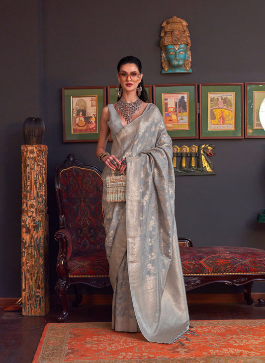Grey Khabutai Pure katan Handloom Silk Saree