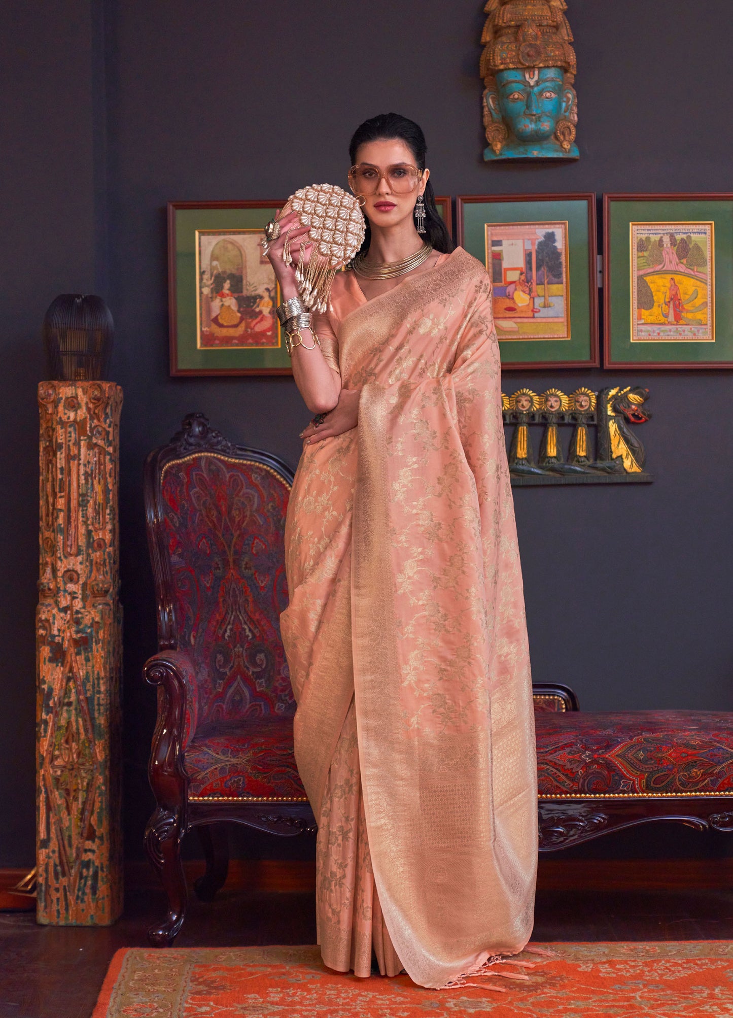 Peach Khabutai Pure katan Handloom Silk Saree