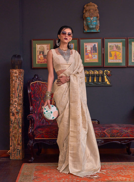 Beige Khabutai Pure katan Handloom Silk Saree