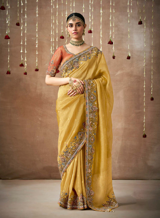 Yellow Tissue Dola Silk Pearl & Mirror Embroidery Dulhan Saree