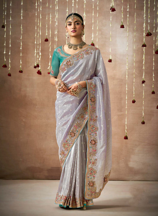 Lavender Tissue Dola Silk Pearl & Mirror Embroidery Dulhan Saree