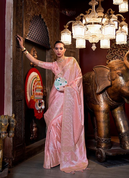 Light Peach Kontina Satin Crepe Saree