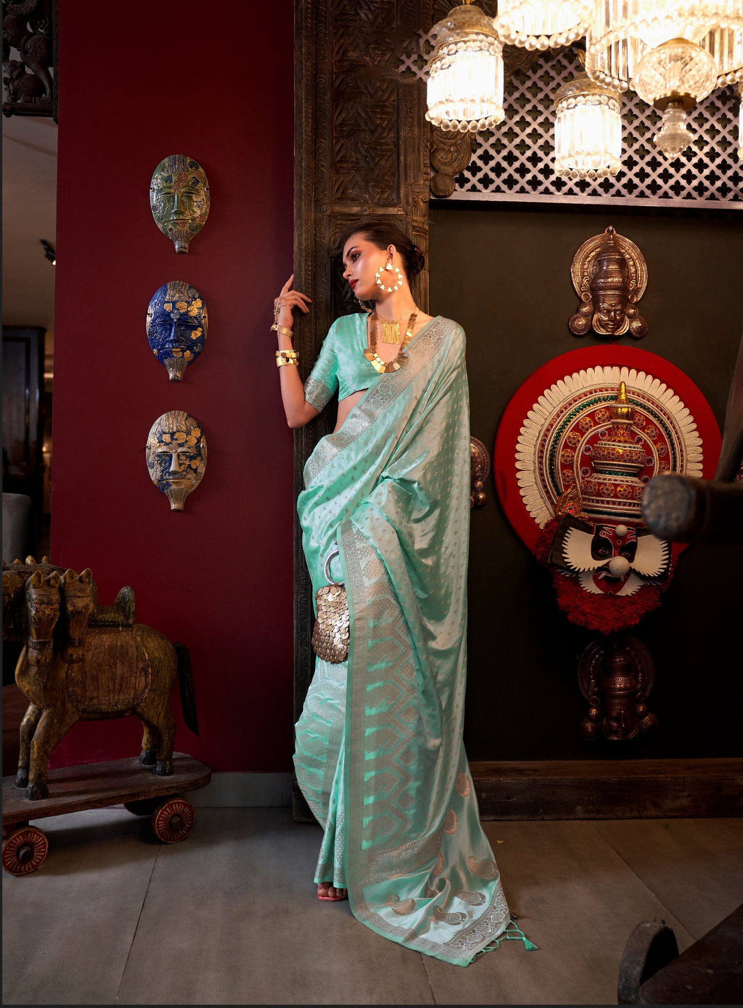 Turquoise Kontina Satin Crepe Saree