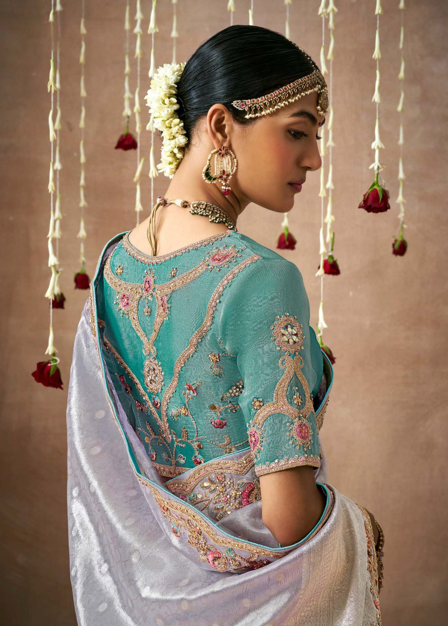 Lavender Tissue Dola Silk Pearl & Mirror Embroidery Dulhan Saree