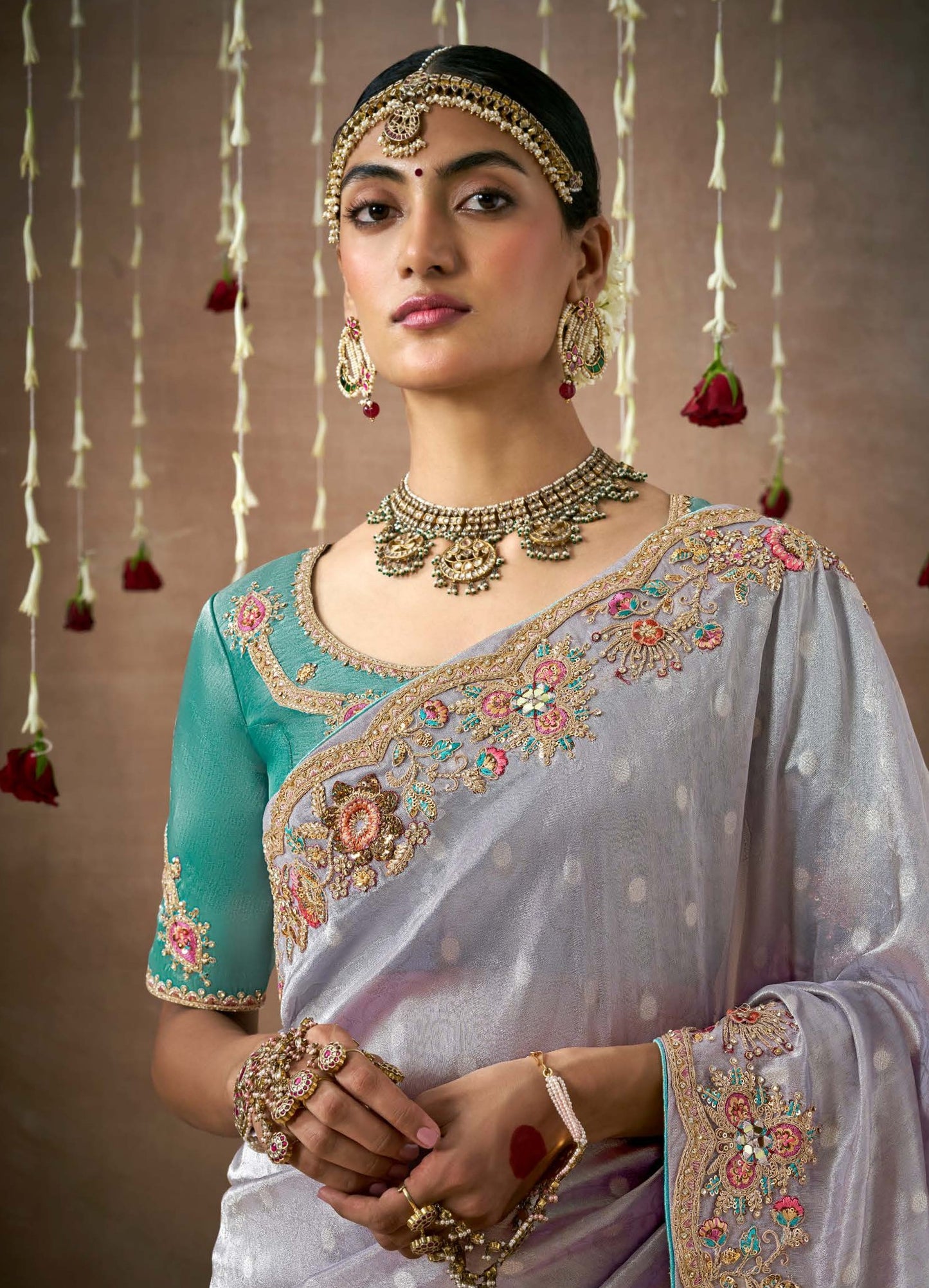 Lavender Tissue Dola Silk Pearl & Mirror Embroidery Dulhan Saree