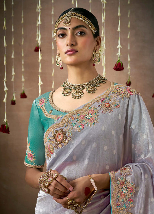 Lavender Tissue Dola Silk Pearl & Mirror Embroidery Dulhan Saree