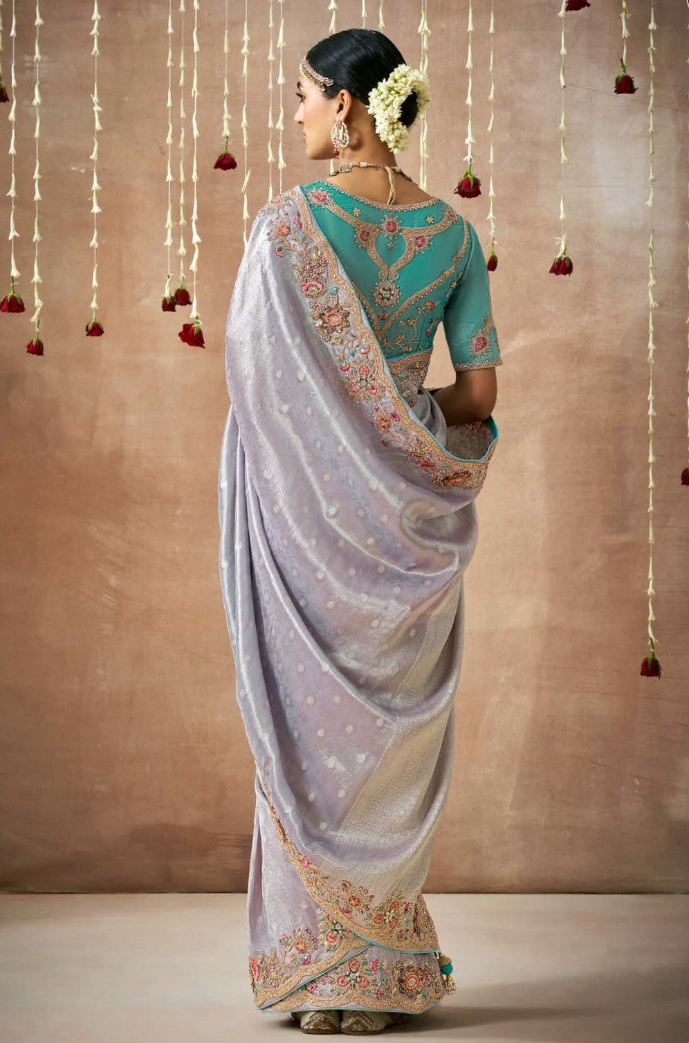Lavender Tissue Dola Silk Pearl & Mirror Embroidery Dulhan Saree