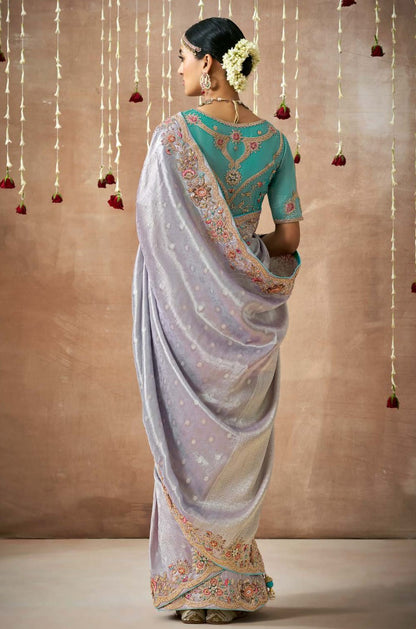 Lavender Tissue Dola Silk Pearl & Mirror Embroidery Dulhan Saree