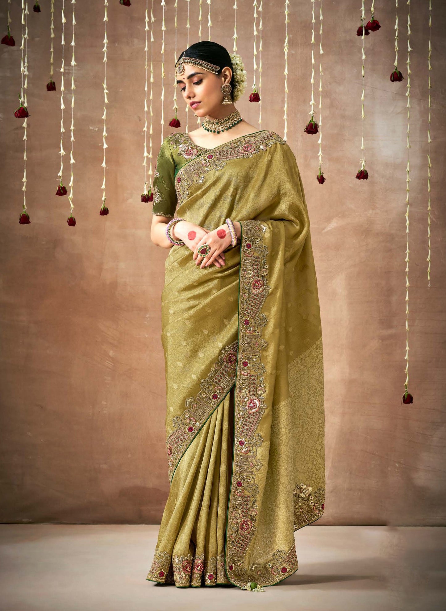 Green Tissue Dola Silk Pearl & Mirror Embroidery Dulhan Saree