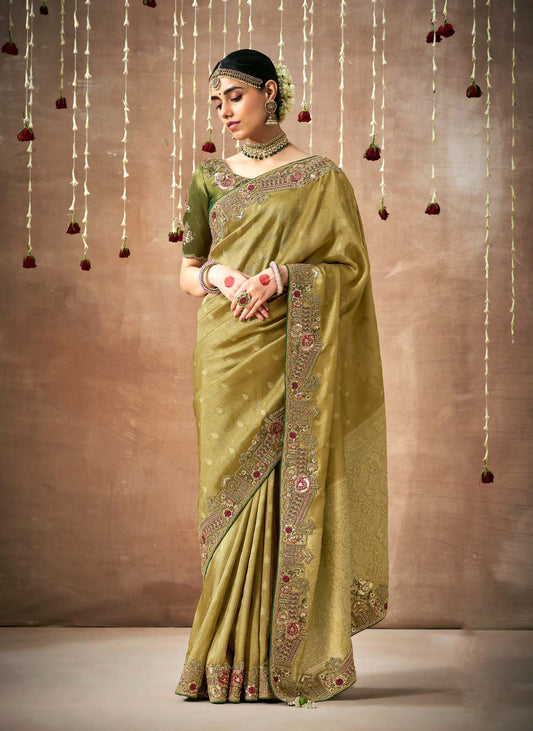 Green Tissue Dola Silk Pearl & Mirror Embroidery Dulhan Saree