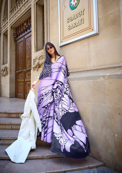 Orchid Purple Abstract Stripes Kubik Print Satin Saree