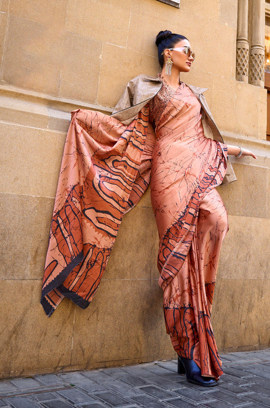 Orange Art work Kubik Print Satin Saree