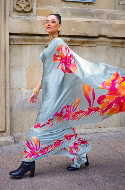 SIlver Orange Floral Kubik Print Satin Saree