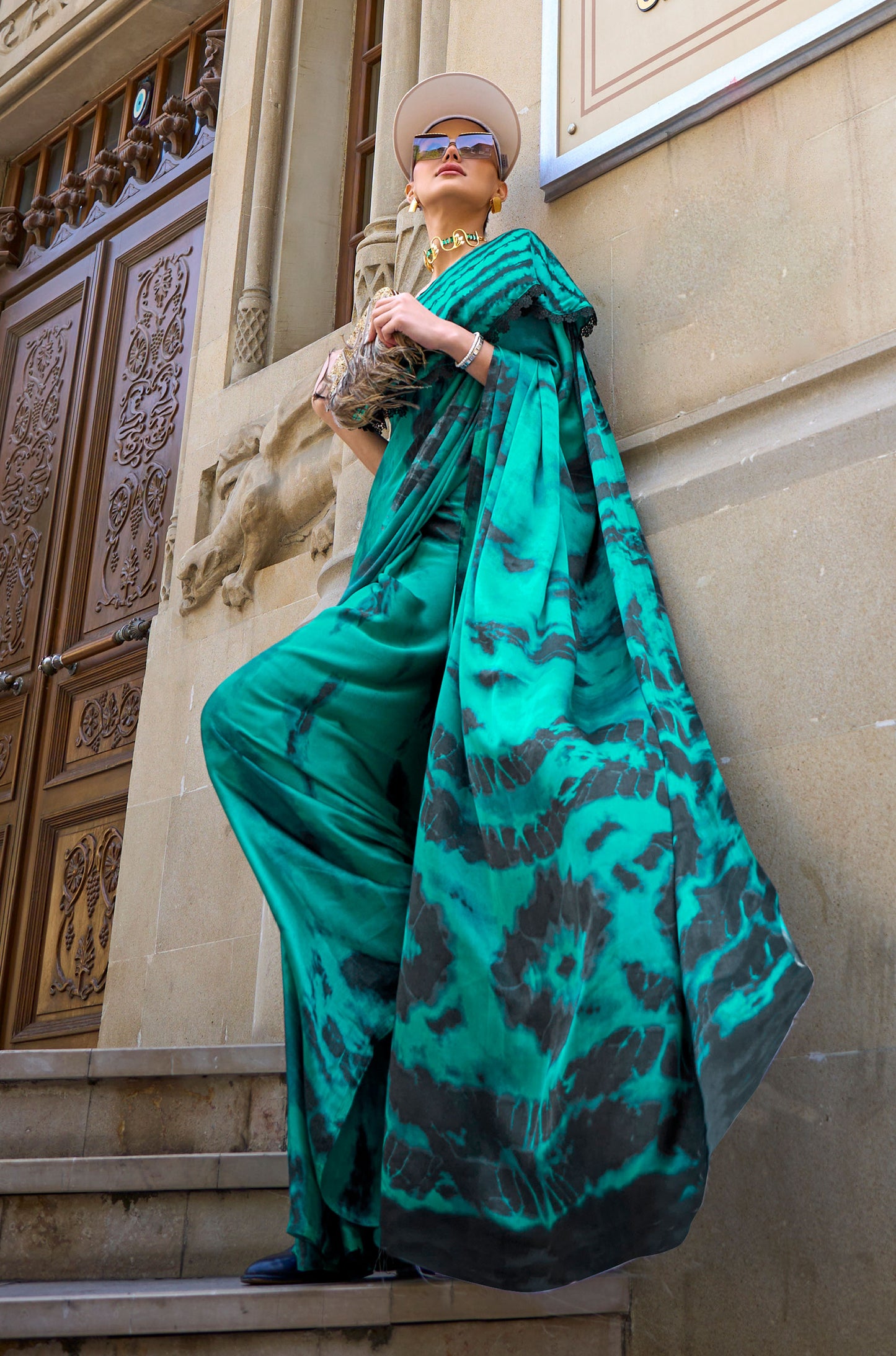Teal Green Black Pattern Kubik Print Satin Saree