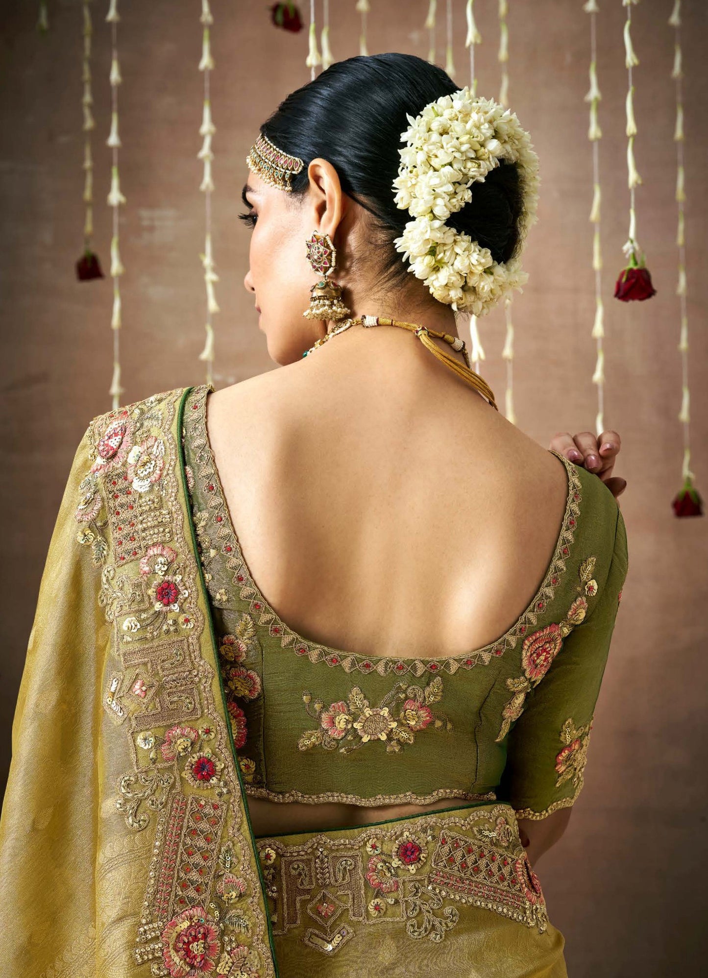 Green Tissue Dola Silk Pearl & Mirror Embroidery Dulhan Saree