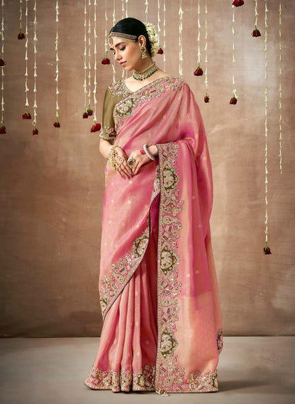 Pink Tissue Dola Silk Pearl & Mirror Embroidery Dulhan Saree