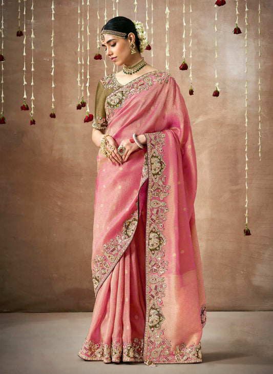 Pink Tissue Dola Silk Pearl & Mirror Embroidery Dulhan Saree