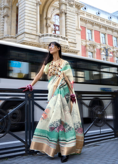 Cream and Green Floral Klay Print Satin Organza Saree