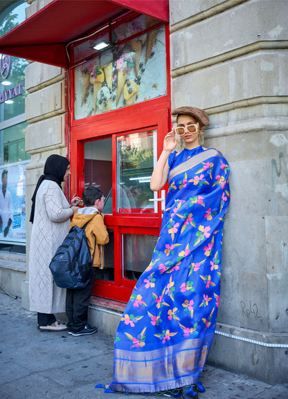 Royal Blue Floral Klay Print Satin Organza Saree