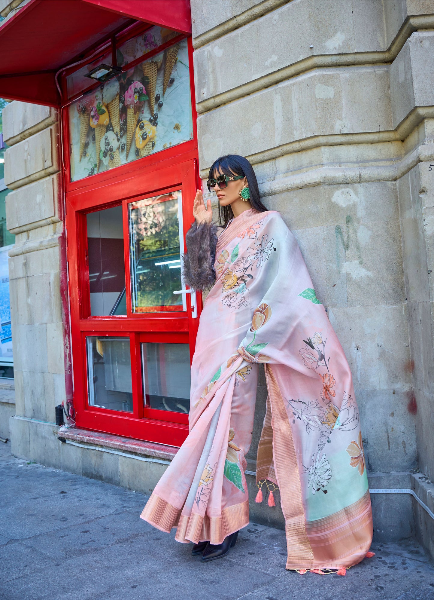 Peach Floral Klay Print Satin Organza Saree