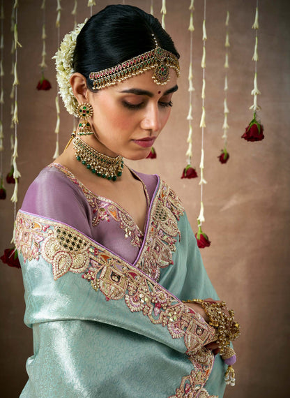 Sea Blue Tissue Dola Silk Pearl & Mirror Embroidery Dulhan Saree