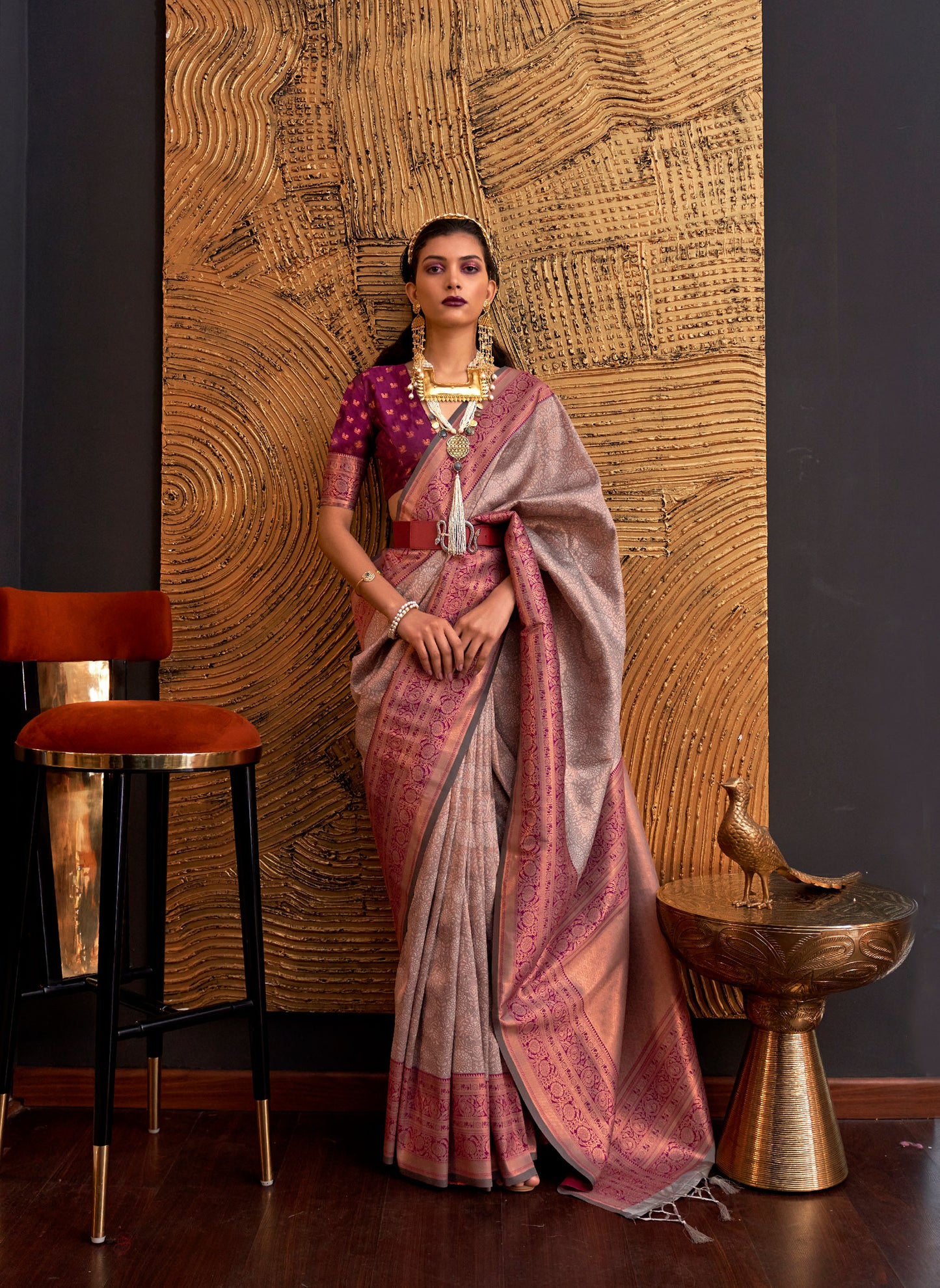 Light Brown Purple Kamiya Silk Chap handloom Saree