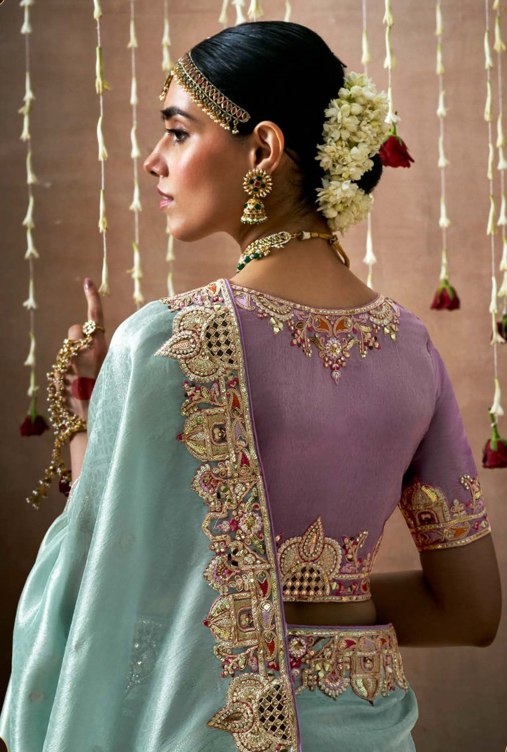 Sea Blue Tissue Dola Silk Pearl & Mirror Embroidery Dulhan Saree