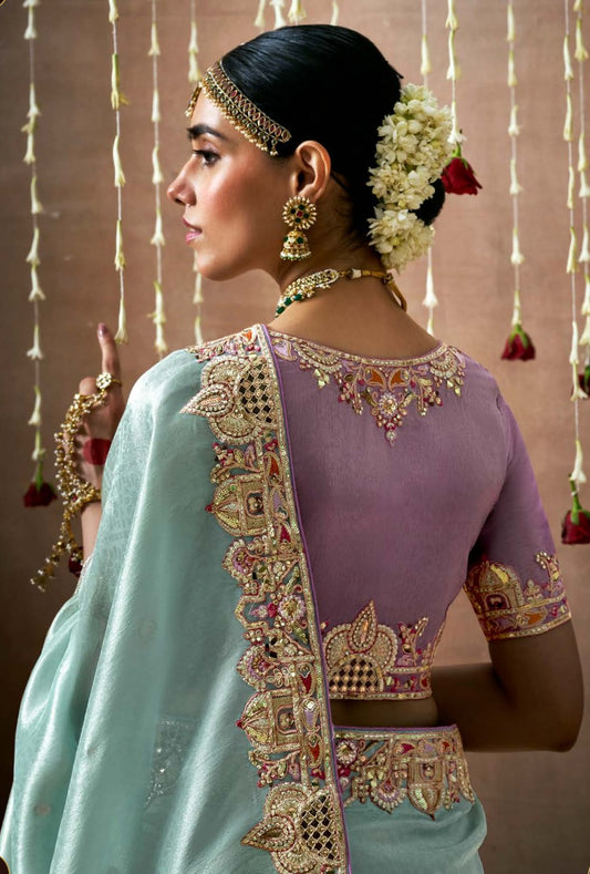 Sea Blue Tissue Dola Silk Pearl & Mirror Embroidery Dulhan Saree