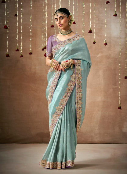 Sea Blue Tissue Dola Silk Pearl & Mirror Embroidery Dulhan Saree