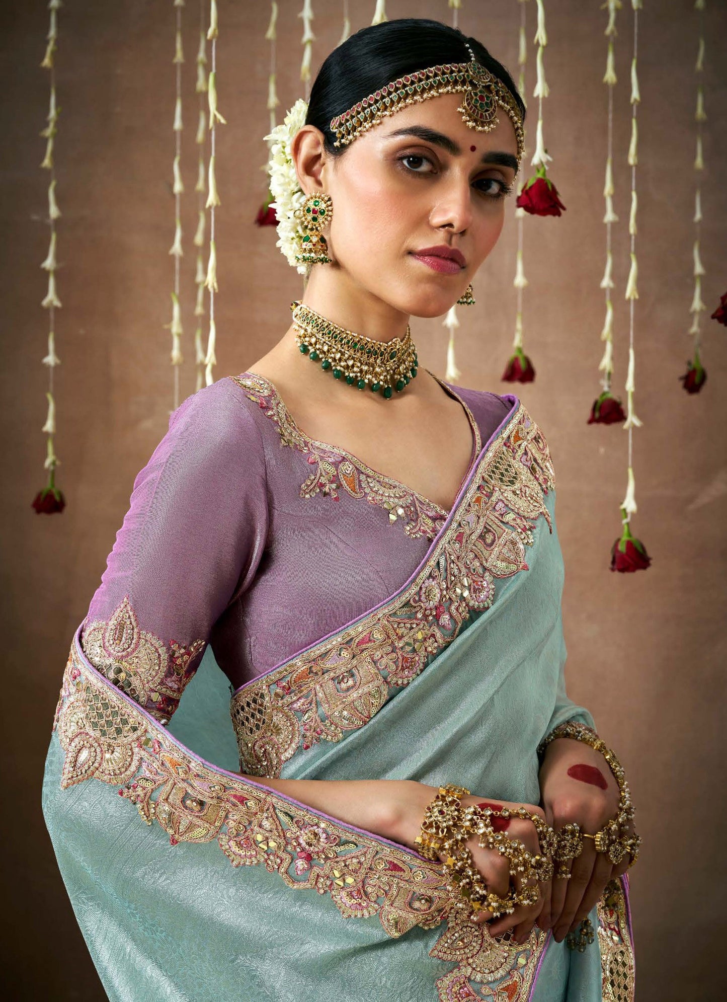 Sea Blue Tissue Dola Silk Pearl & Mirror Embroidery Dulhan Saree