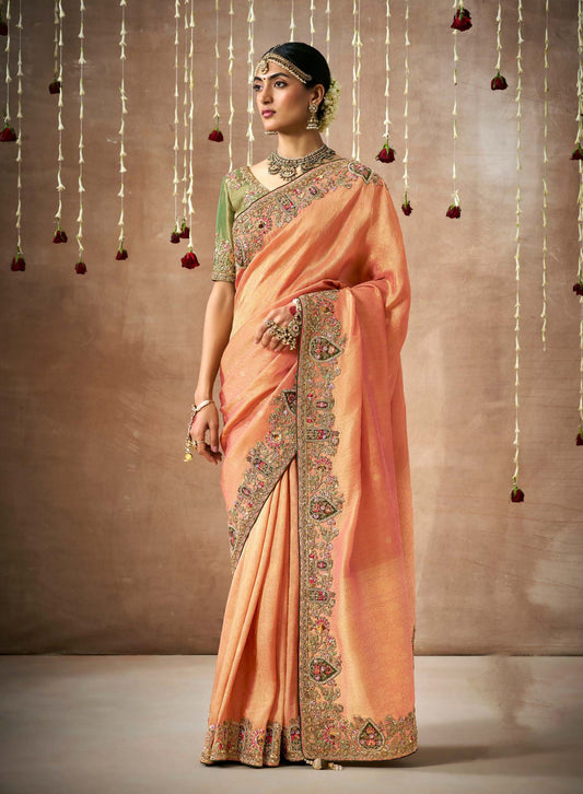 Orange Tissue Dola Silk Pearl & Mirror Embroidery Dulhan Saree