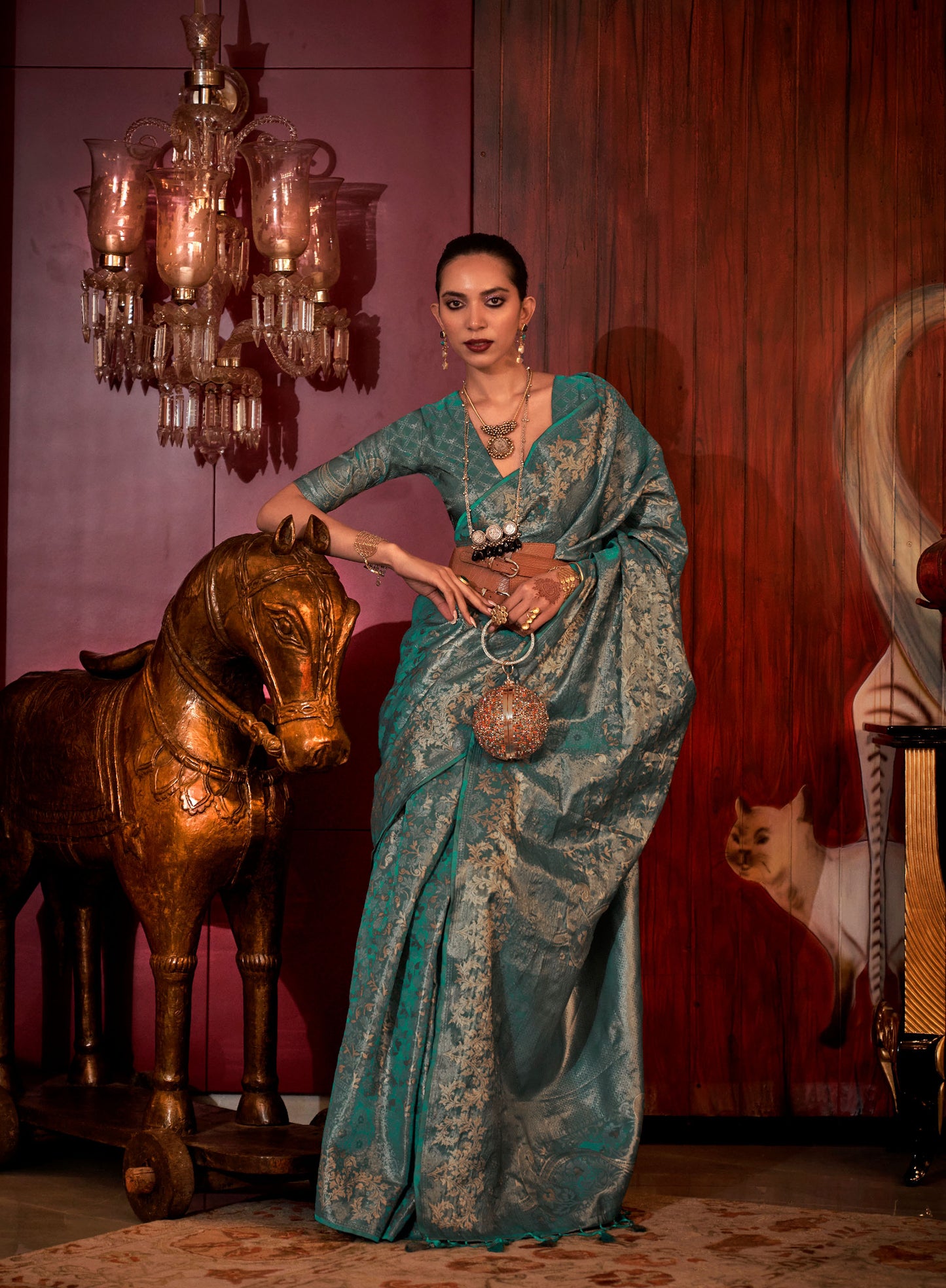 Teal green Kalkatti Zari Handloom Silk Saree