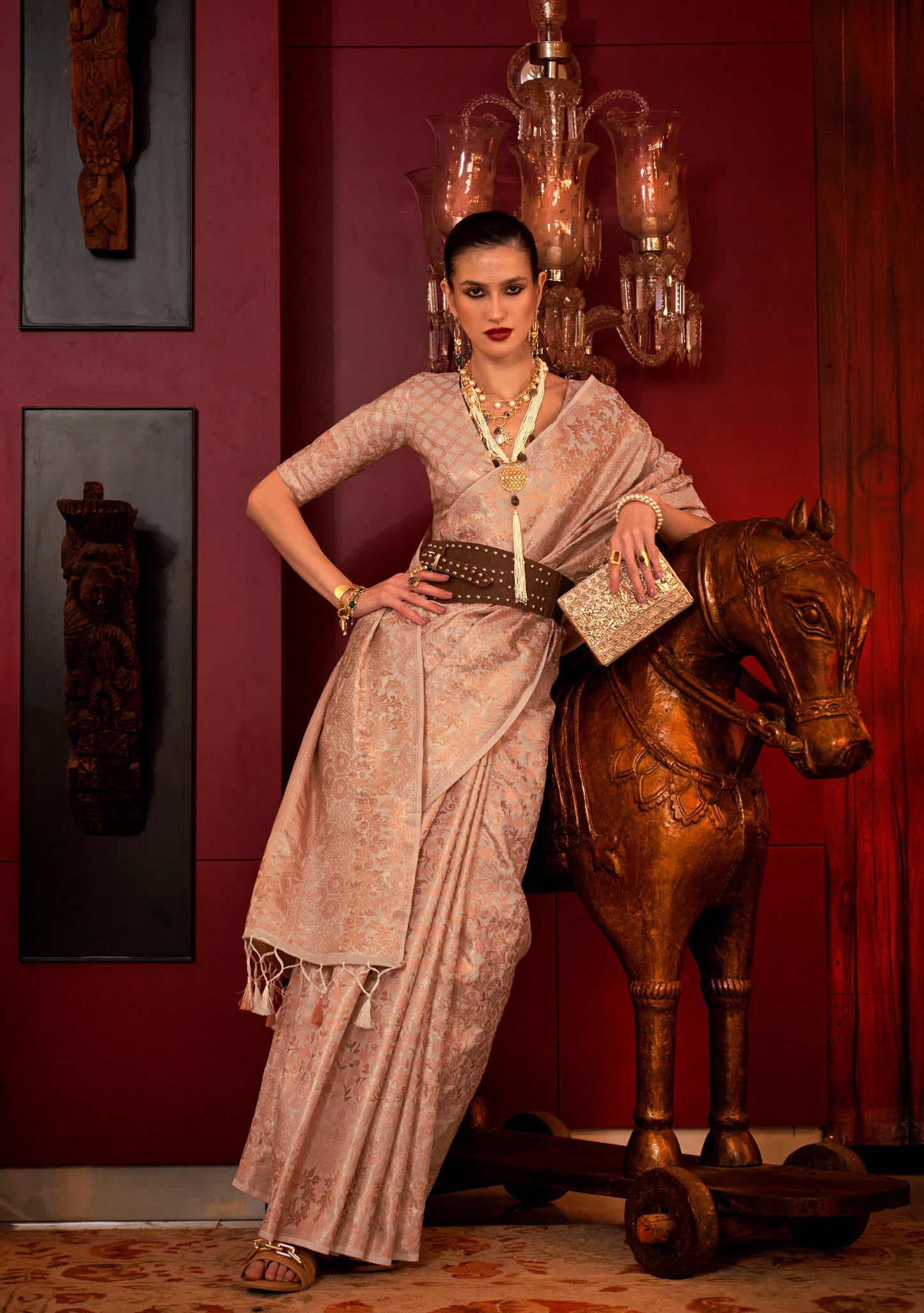 Apricot Kalkatti Zari Handloom Silk Saree