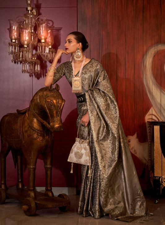 Dark Grey Kalkatti Zari Handloom Silk Saree