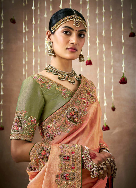 Orange Tissue Dola Silk Pearl & Mirror Embroidery Dulhan Saree