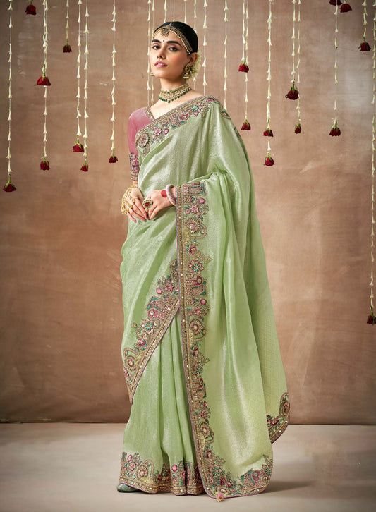 Sea Green Tissue Dola Silk Pearl & Mirror Embroidery Dulhan Saree