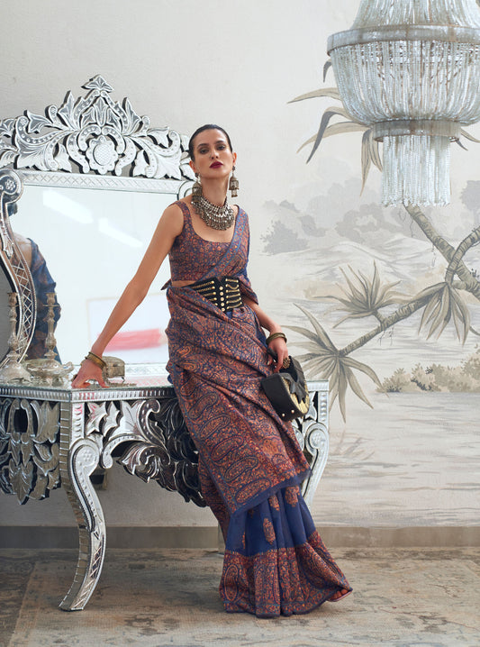 Navy Blue Kqaalib Kashmiri Handloom saree